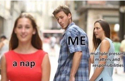 Labeled Distracted Boyfriend meme with man as 'ME', attractive woman as 'a nap', and girlfriend as 'multiple pressing matters and responsibilities'.