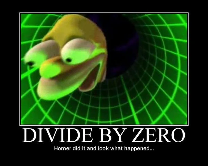 Demotivational poster showing Homer Simpson tumbling into green wormhole with 'DIVIDE BY ZERO' text.