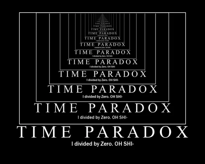 Divide By Zero — Black background with 'TIME PARADOX' recursively smaller text forming tunnel illusion and 'I divided by Zero. OH SHI-.'