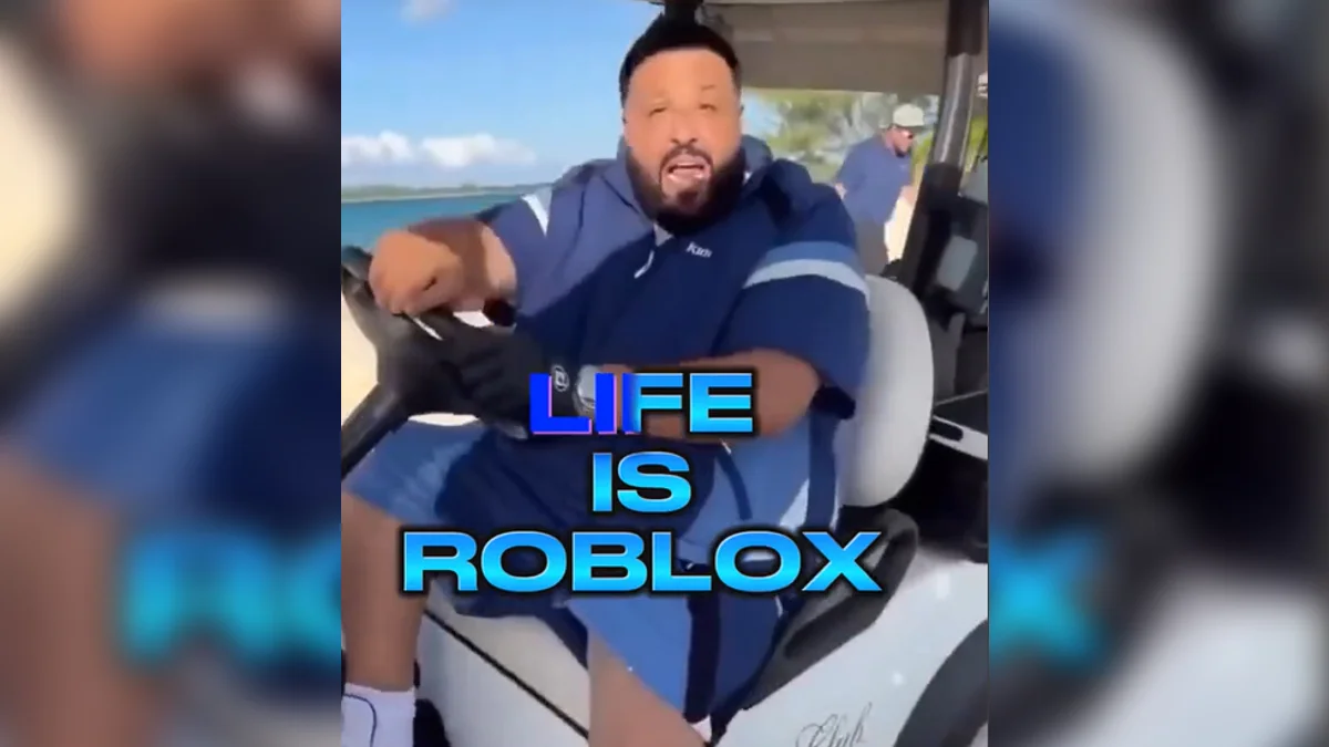 Dj Khaled Life Is Roblox — DJ Khaled in a golf cart with 'LIFE IS ROBLOX' text overlay