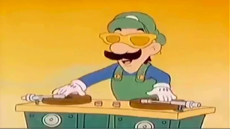 Dj Luigi — Cartoon Luigi in yellow sunglasses spinning records at a DJ turntable