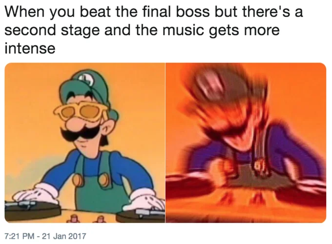 Twitter DJ Luigi meme with calm and intensified frames for a video game final boss joke