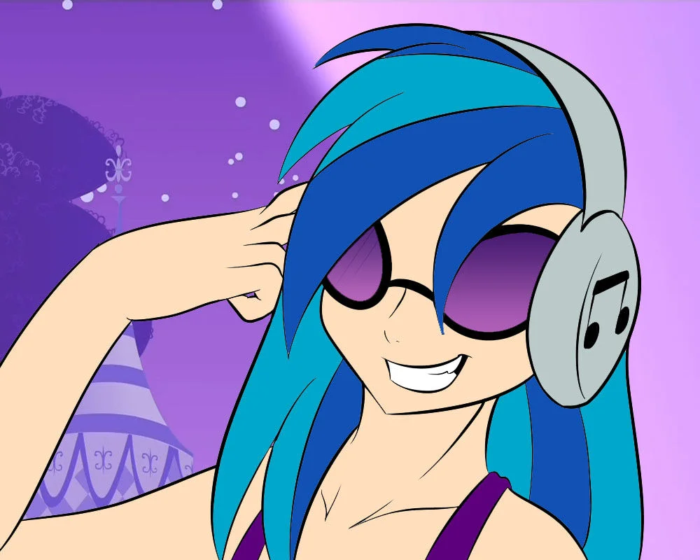 Dj P0N 3 Vinyl Scratch — Vinyl Scratch composited behind a real DJ mixer with rainbow light streaks
