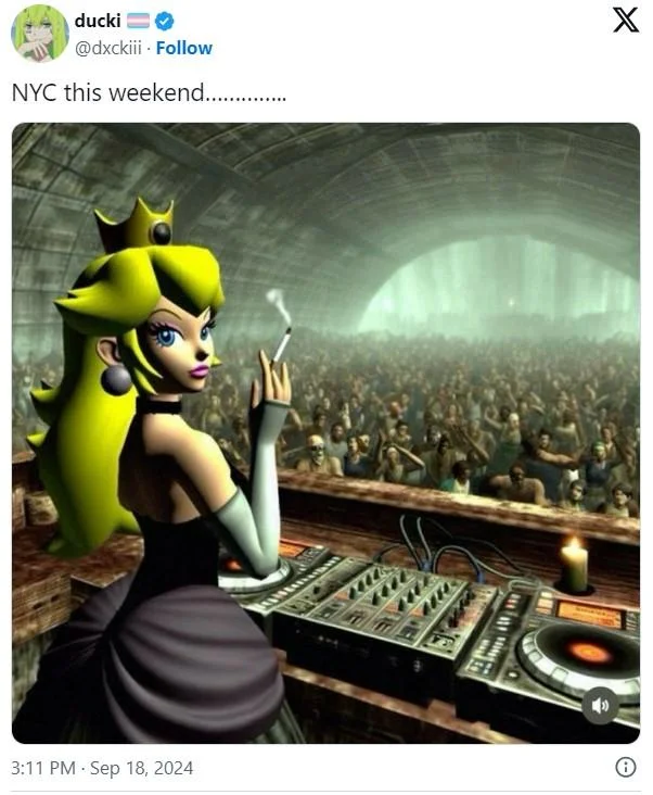 Dj Peaches Princess Peach Techno Rave — ducki @dxckiii. Follow NYC this weekend......... 3:11 PM - Sep 18, 2024 X
