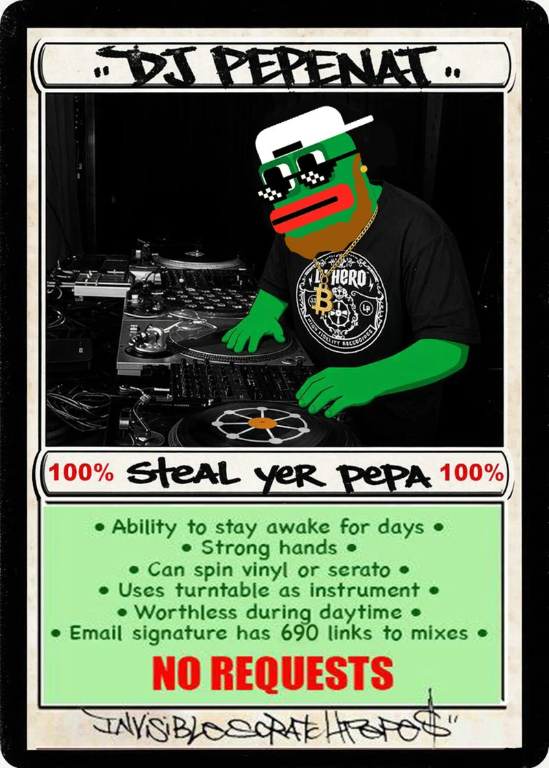 DJPEPENAT derivative card - Pepe as DJ with Bitcoin chain and turntables