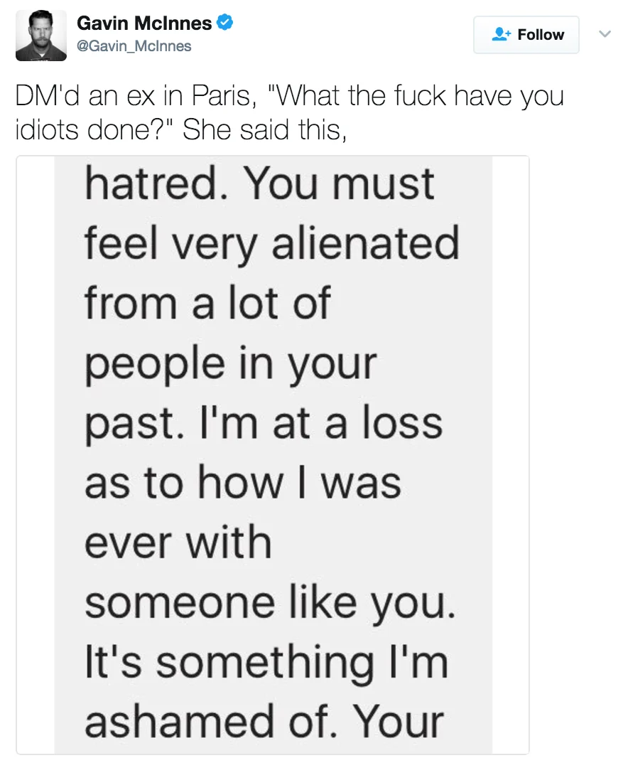 Dmd An Ex In Paris — Gavin McInnes tweet about DMing an ex in Paris with screenshot of her scathing reply