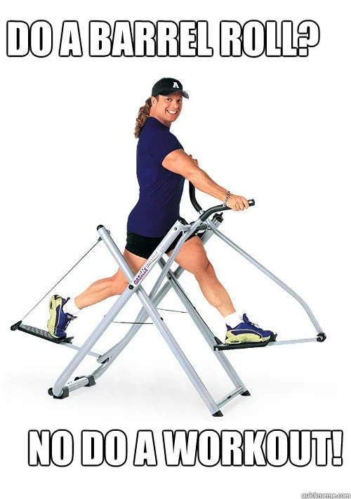 Woman on barrel exercise machine with 'Do a Barrel Roll? No Do a Workout!' text overlay