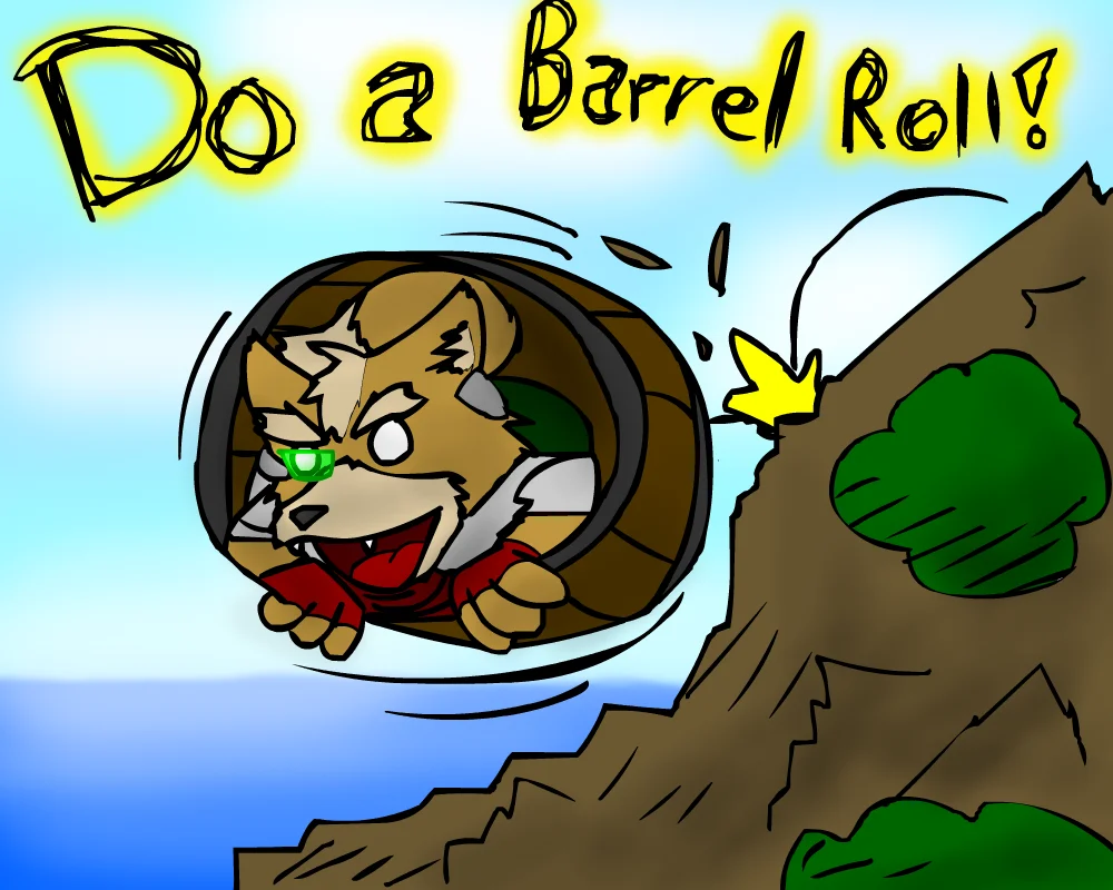 Animated Fox character in a barrel mid-roll from Star Fox 64 game with 'Do a Barrel Roll!' text