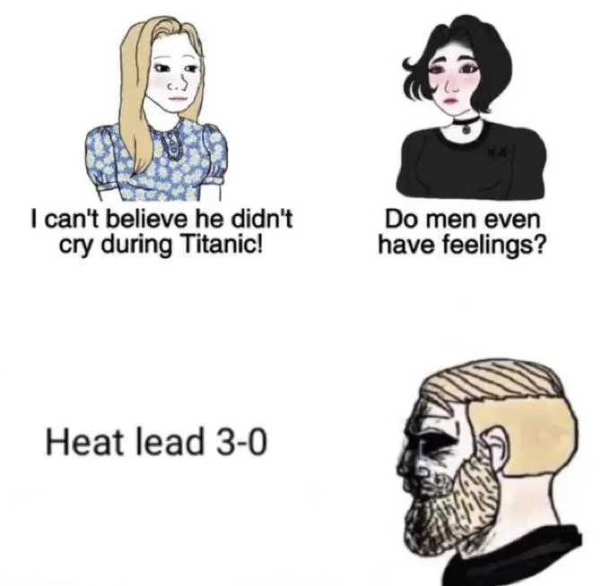 A four-panel soyjak meme template showing the core Do Men Even Have Feelings structure with character expressions contrasting emotional availability.