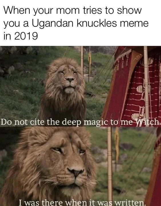 Do Not Cite The Deep Magic To Me Witch — Deep magic Aslan meme about a mom sharing an outdated Ugandan Knuckles meme