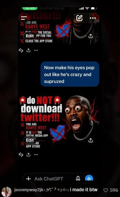 ChatGPT screenshot showing the creation process of the Do Not Download Twitter Kanye West meme with bulging eyes edit request