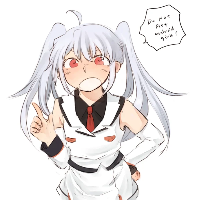 Anime girl with white twin-tails and red eyes pointing angrily beside a handwritten 'Do not fist android girls!' speech bubble.