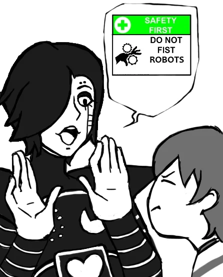 Do Not Fist Android Girls — Cartoon goth robot character with hands raised next to a 'Do Not Fist Robots' warning sign speech bubble.