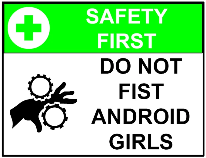 High-resolution 'Safety First: Do Not Fist Android Girls' warning poster with hand-and-gears symbol.