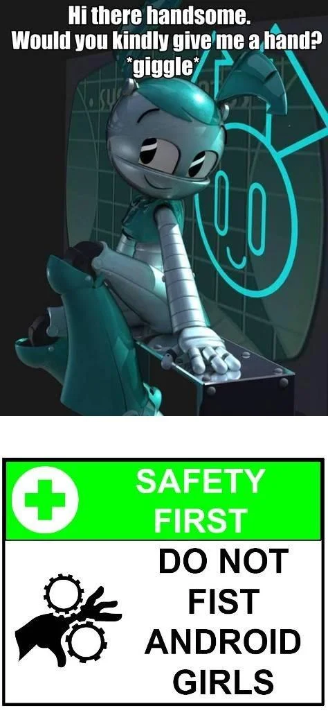 Screenshot of Jenny the teenage robot flirting, paired with the 'Do Not Fist Android Girls' safety sign underneath.