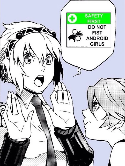 Black and white manga panel of an android girl with hands raised beside a 'Do Not Fist Android Girls' safety sign speech bubble.