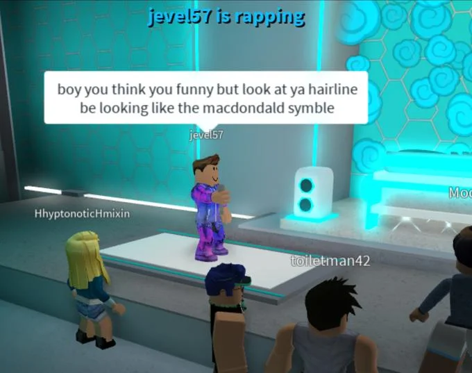 Do U Want Anyfing From Macdondald Borgar — Roblox rap battle screenshot with joke about macdondald symbol hairline