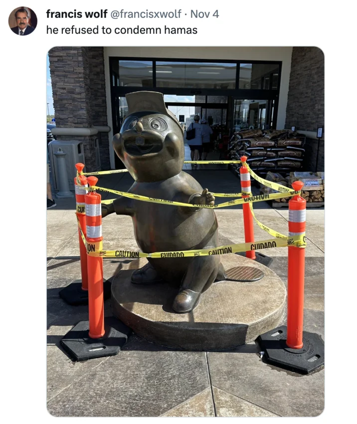 Do You Condemn Hamas — Tweet reading 'he refused to condemn hamas' above a photo of a Buc-ee's beaver statue surrounded by caution tape