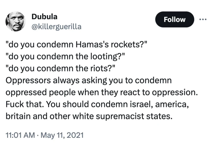 Screenshot of a May 2021 tweet by Dubula criticizing 'do you condemn Hamas' rhetoric