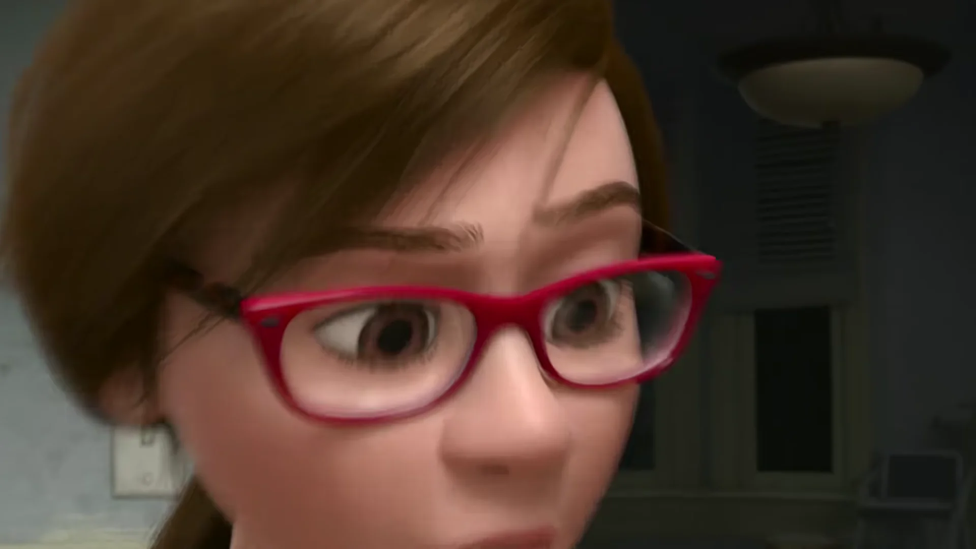Do You Ever Look at Someone and Wonder, "What Is Going On Inside Their Head?" — Close-up of Inside Out mother character with red glasses glancing sideways with