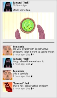 Do You Take Constructive Criticism — A forum-style comment thread featuring the meme format with usernames Samurai Jack and Tea Monk exchanging critiques.