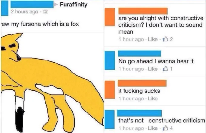 Do You Take Constructive Criticism — A yellow fox drawing paired with a Tumblr conversation demonstrating the meme format with a blunt criticism response.