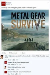 Do You Take Constructive Criticism — A forum post featuring a Metal Gear Survive game screenshot with a comment containing constructive criticism text.
