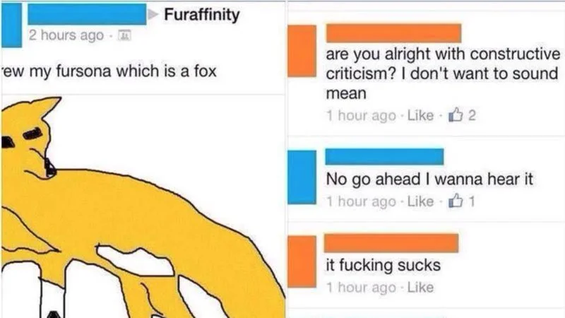Do You Take Constructive Criticism — A yellow fox drawing paired with a Tumblr conversation demonstrating the meme format with a blunt critical response.