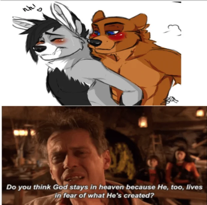 Do You Think God Stays in Heaven Because He too Lives in Fear of What He's Creat... — Furry art panel above the Steve Buscemi Spy Kids 2 reaction with the