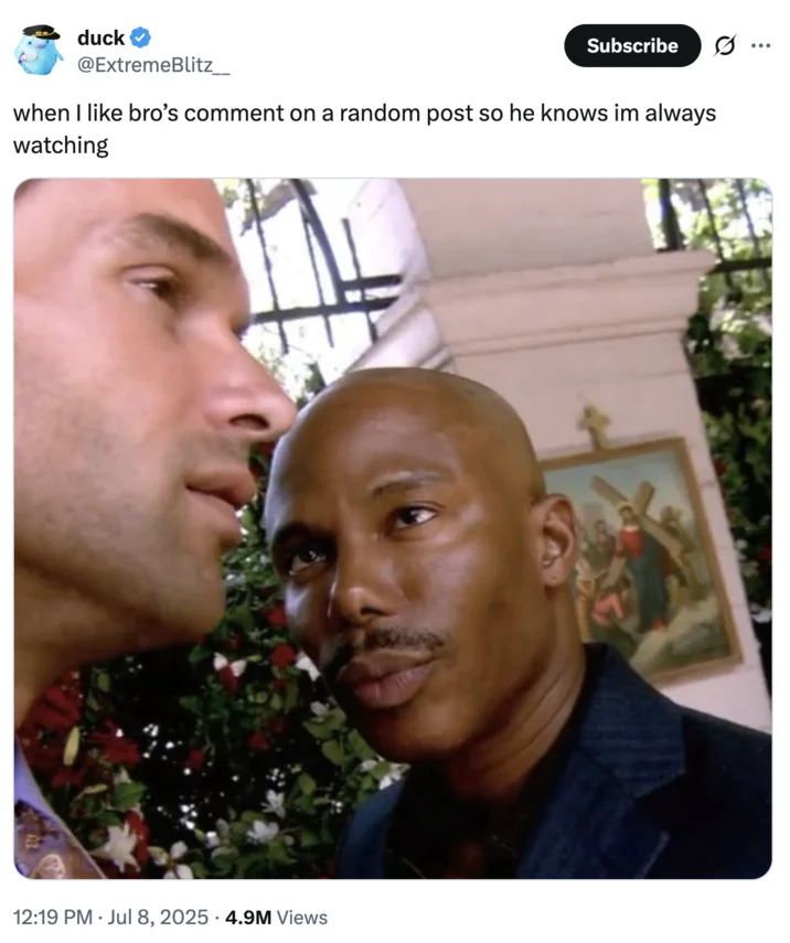 Doakes Looking at Guerrero — Twitter screenshot with Doakes-staring meme and caption about liking a friend's comment to let him know you're watching.