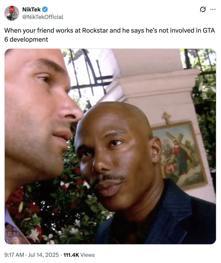 Doakes Looking at Guerrero — Twitter screenshot of a joke about a friend at Rockstar denying GTA 6 involvement, illustrated with the Doakes meme.