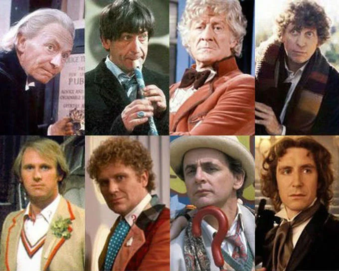 Grid of eight classic Doctor Who actors from Hartnell to McGann