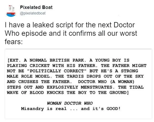 Satirical tweet by Pixelated Boat about a fake leaked Doctor Who script