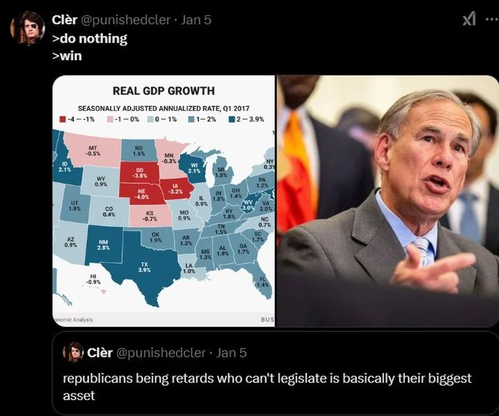Does Nothing. Wins. — Tweet with 2017 GDP growth map, photo of Greg Abbott, captioned 'do nothing, win'.