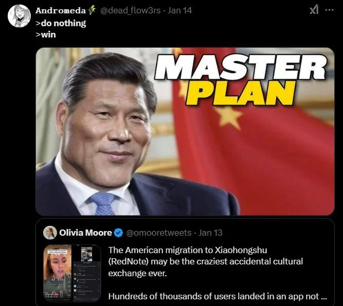 Does Nothing. Wins. — Tweet about RedNote app with 'Master Plan' edit of Chinese official, captioned 'do nothing, win'.