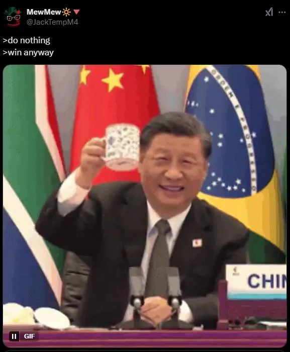 Does Nothing. Wins. — Tweet with Xi Jinping GIF at BRICS summit, captioned 'do nothing, win anyway'.
