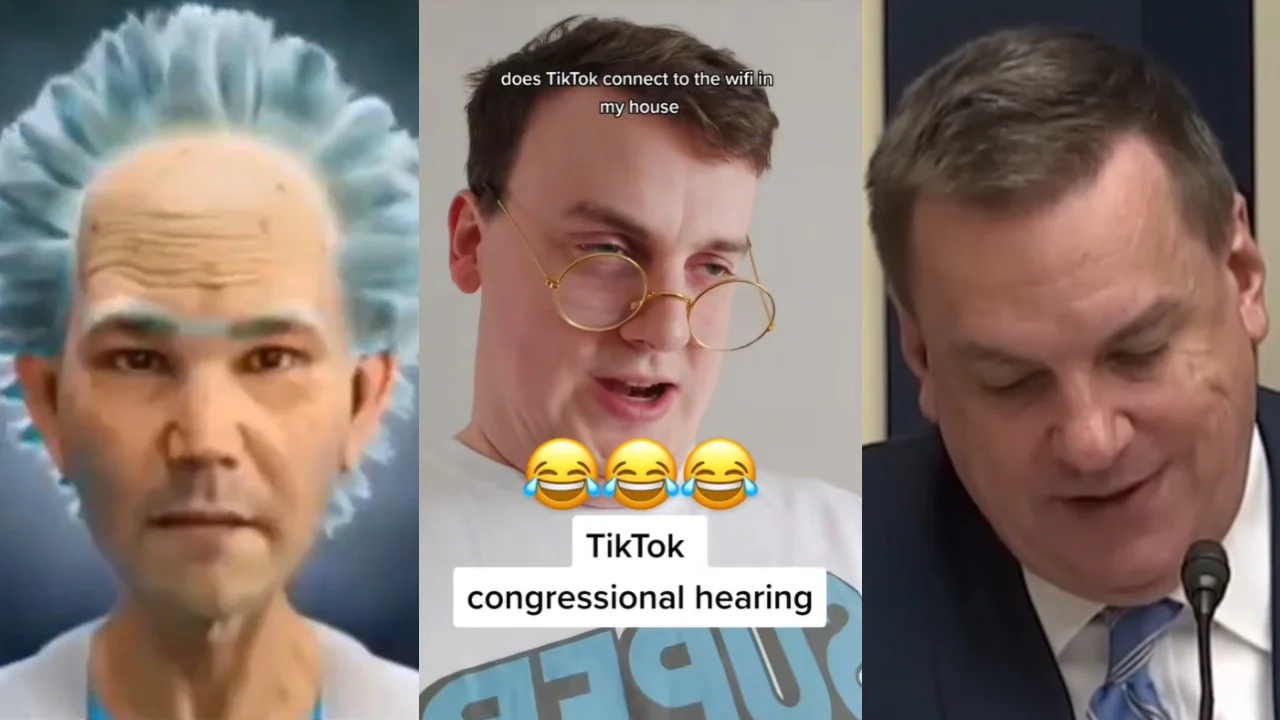 Does TikTok Connect To The WiFi In My House? — Three-panel TikTok meme mocking the TikTok congressional hearing with the question 'does TikTok connect to the