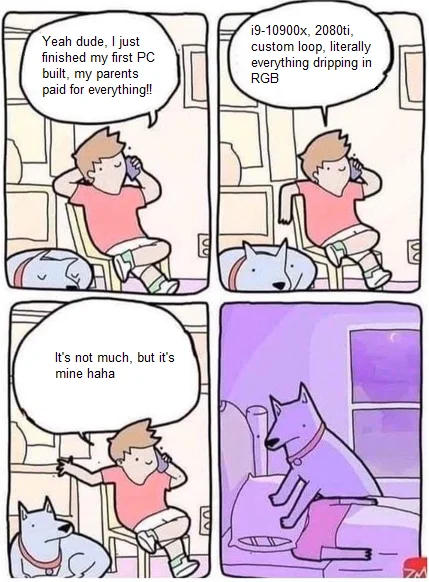 Dog Smothering Owner — Edited comic in which the man brags about talking to a stranger at the urinals, then is smothered by his dog.