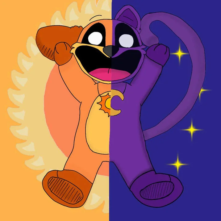 DogDay (Poppy Playtime) — Split fan art of DogDay in sunlit side and CatNap in starry night side