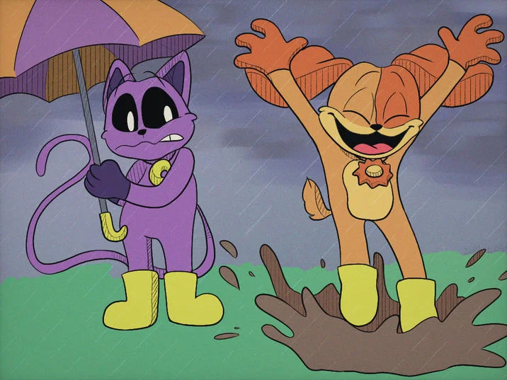 DogDay (Poppy Playtime) — Vintage cartoon style art of CatNap holding umbrella while DogDay splashes in puddle