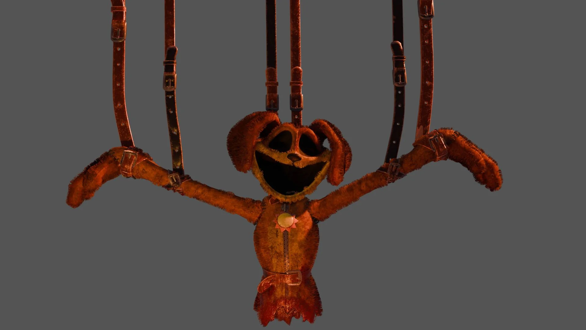 DogDay (Poppy Playtime) — Orange dog plush character DogDay hanging from leather straps with arms outstretched