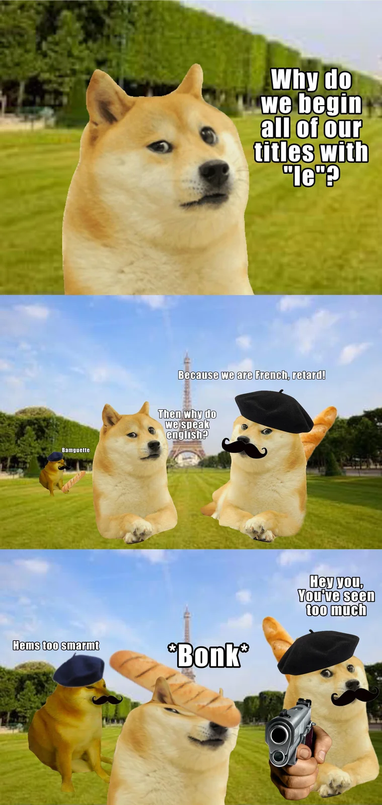Doge Bonk — Three panels featuring real Shiba Inu dog photos in bonking scenarios with humorous text exchanges.