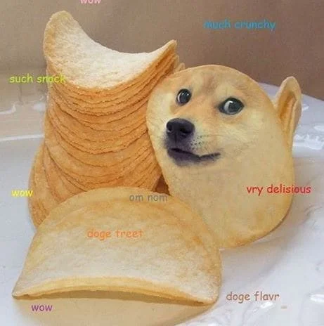 Kabosu's face is composited onto a Pringles chip with Doge-style captions commenting on the snack.