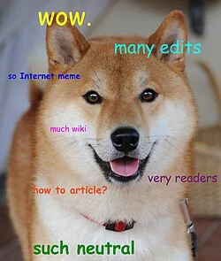 Doge — A Shiba Inu with open mouth expression surrounded by colorful Comic Sans captions referencing wiki and meme culture.