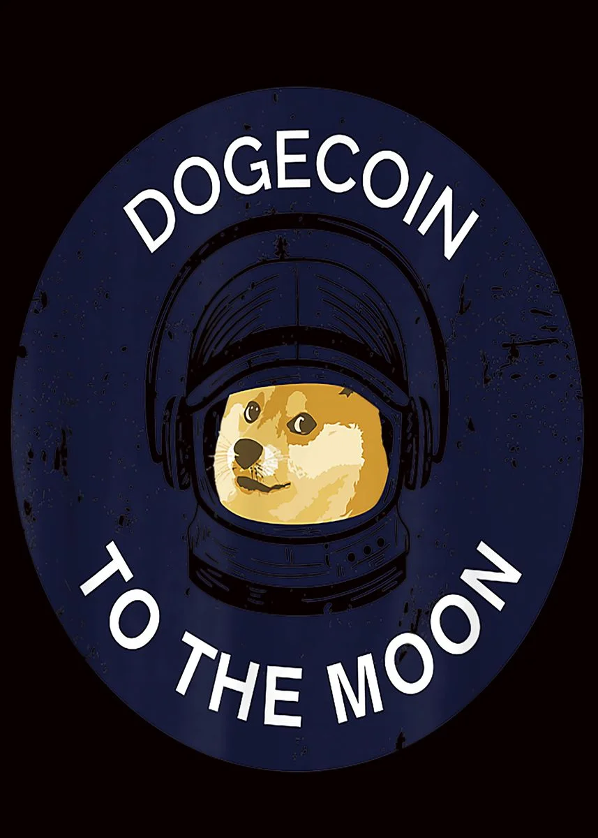 Shiba Inu doge inside astronaut helmet with DOGECOIN TO THE MOON circular text design