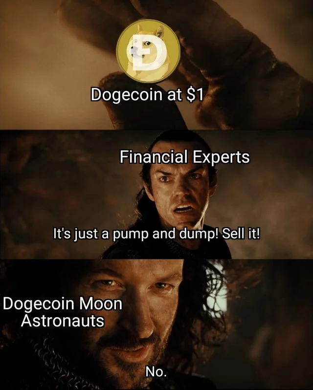 Dogecoin to the Moon — Multi-panel Lord of the Rings meme about Dogecoin skeptics versus Moon Astronauts believers