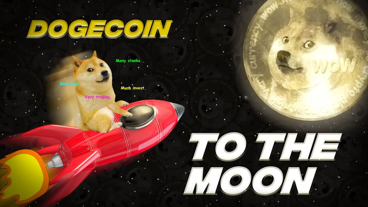 Doge meme character on red rocket heading to moon with DOGECOIN TO THE MOON text