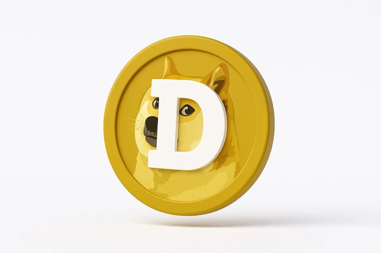 3D render of a yellow Dogecoin coin featuring a Shiba Inu face behind a large white letter D.