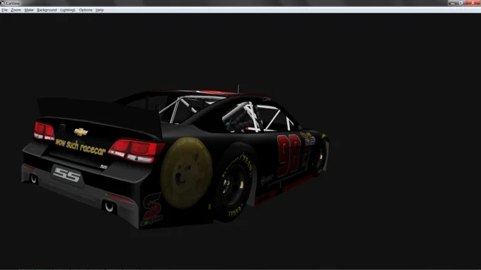 A rear-three-quarter 3D render of the Dogecoin NASCAR car with 'wow such racecar' text on the bumper.