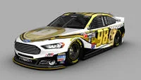 A side-angle render of the gold, white, and black #98 Dogecoin NASCAR Ford Fusion race car.